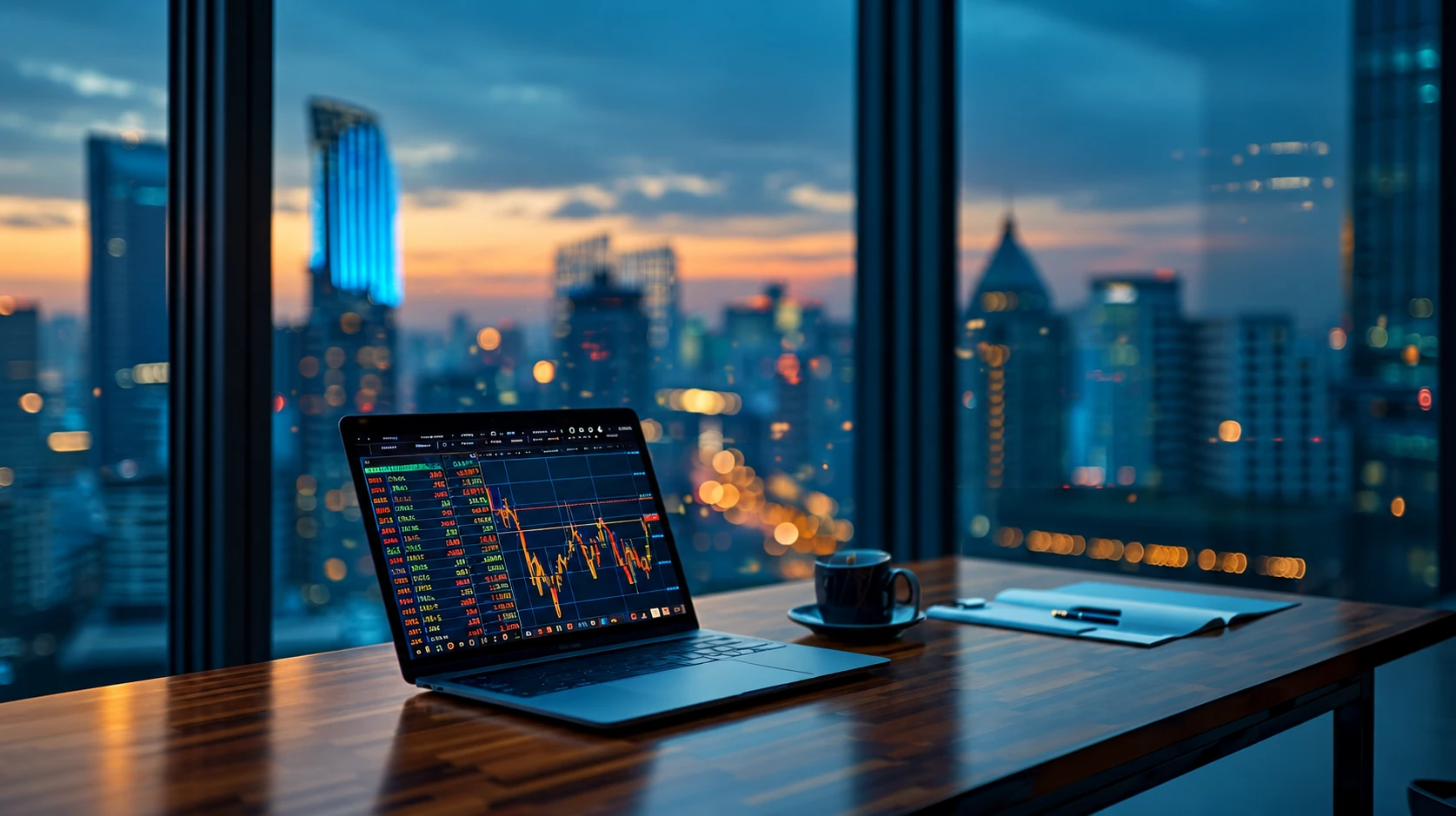 Laptop chart and notebook on a simple trading desk