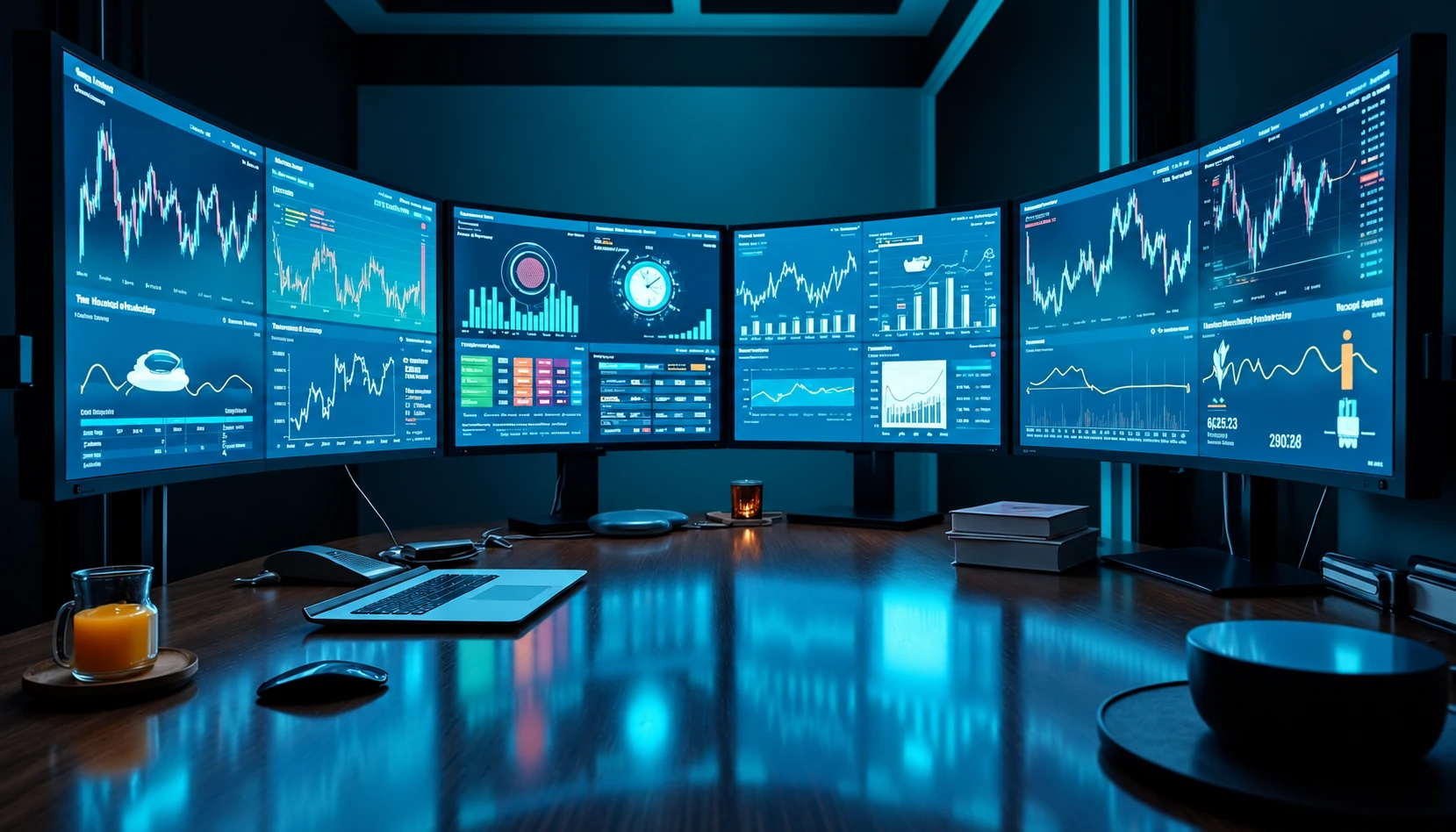 Cyan-lit trading workspace with multiple chart monitors